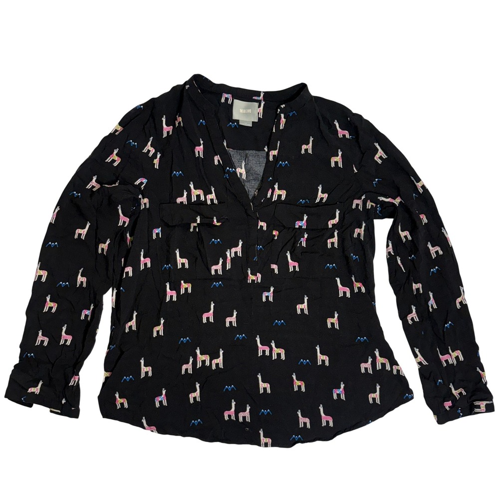 Maeve Anthropologie Llama Print Henley Blouse Women's 10 Black